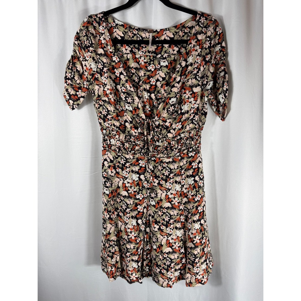Free People Floral Lined Mini Dress Black Orange V-Neck Tie Front Size 4